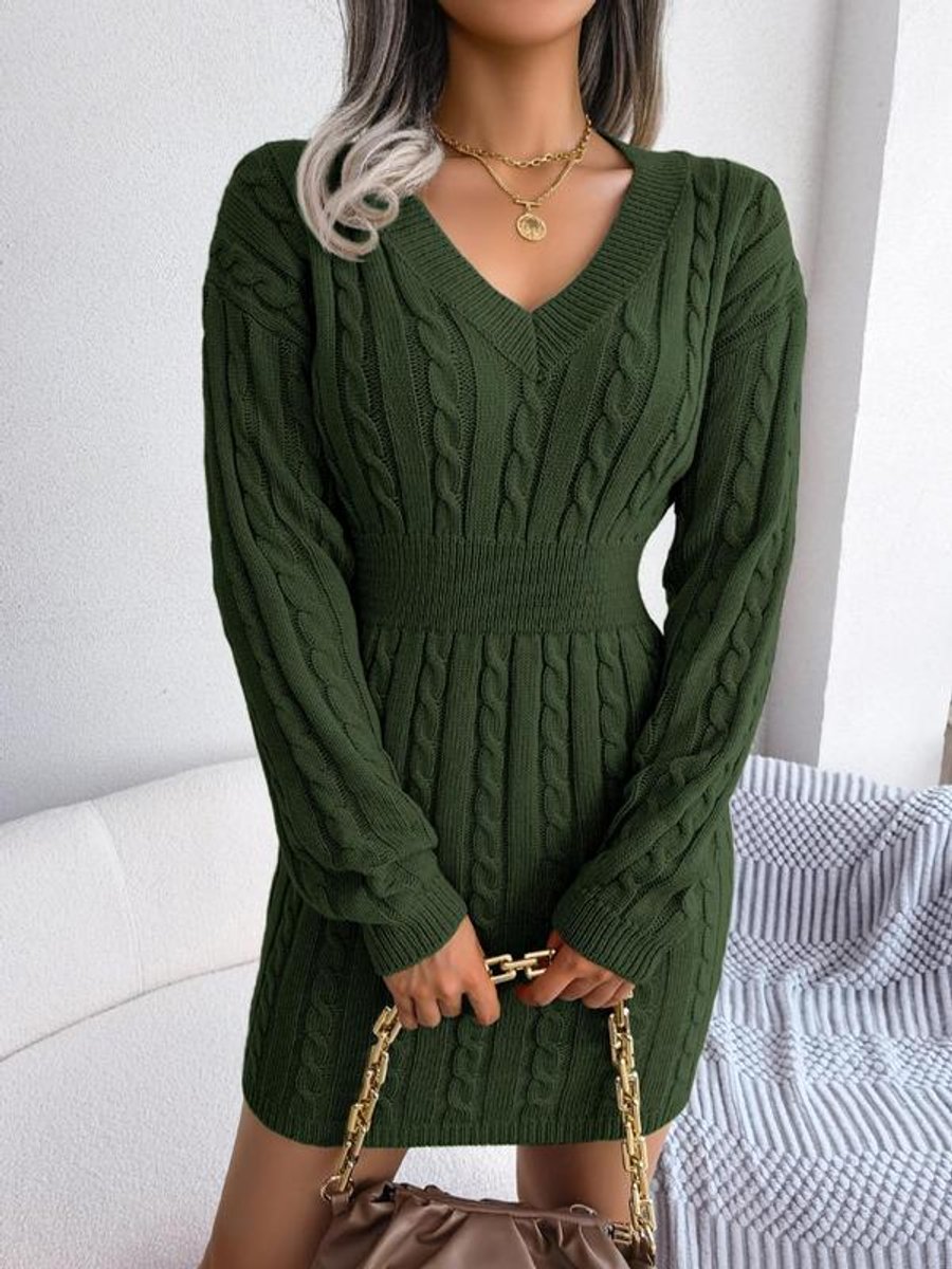 Bianca | Long-Sleeved V-Neck Cable-Knit Dress