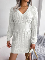 Bianca | Long-Sleeved V-Neck Cable-Knit Dress