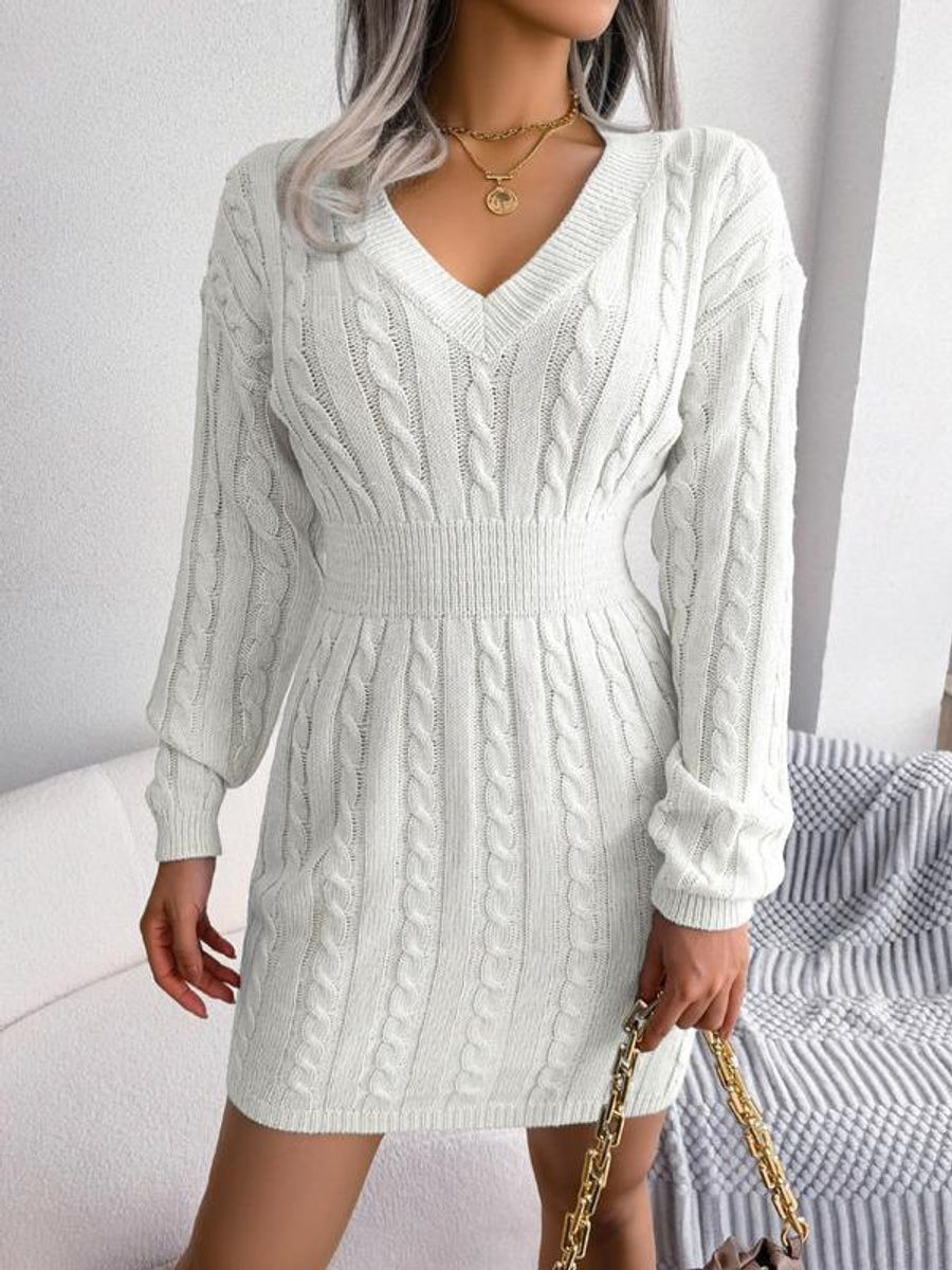 Bianca | Long-Sleeved V-Neck Cable-Knit Dress
