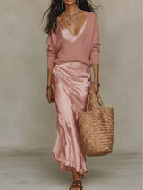 Eliza | Women's V-Neck Cardigan & Satin Midi Dress Set