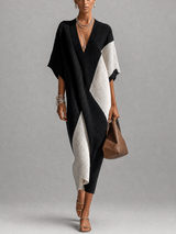 Amara | Black and Cream Color-Block Wrap Knit Midi Dress