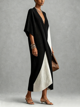 Amara | Black and Cream Color-Block Wrap Knit Midi Dress