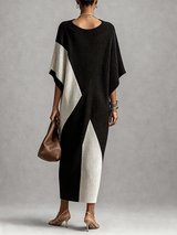 Amara | Black and Cream Color-Block Wrap Knit Midi Dress