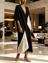 Amara | Black and Cream Color-Block Wrap Knit Midi Dress