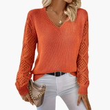 Lara | Women's Fine-Knit Sweater with Textured Sleeves & V-Neck