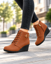 Faith | Wedge Ankle Boots with Lacing and Buckle Detail
