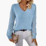 Lara | Women's Fine-Knit Sweater with Textured Sleeves & V-Neck