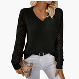 Lara | Women's Fine-Knit Sweater with Textured Sleeves & V-Neck