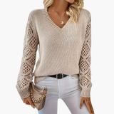 Lara | Women's Fine-Knit Sweater with Textured Sleeves & V-Neck