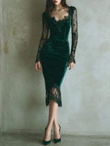 Daisy | Women's Green Bodycon Long Sleeve Lace Midi Dress Ensemble