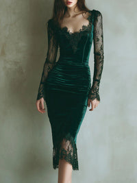 Daisy | Women's Green Bodycon Long Sleeve Lace Midi Dress Ensemble