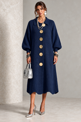 Amelia | Navy Blue Midi Knit Dress with Gold-Tone Buttons