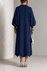 Amelia | Navy Blue Midi Knit Dress with Gold-Tone Buttons