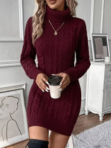 Sabrina | Women's Cable Knit Turtleneck Mini Sweater Dress