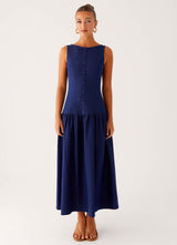 Blue Boat Neck Button Pocket Midi Dress