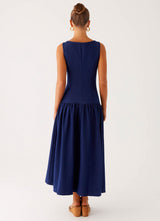Blue Boat Neck Button Pocket Midi Dress