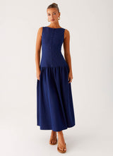 Blue Boat Neck Button Pocket Midi Dress