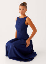 Blue Boat Neck Button Pocket Midi Dress