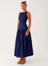 Blue Boat Neck Button Pocket Midi Dress