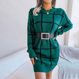 Elara | Loose-Fit Checked Knit Dress with Long Sleeves