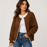 Pearl Trim Ripped Hem Cardigan