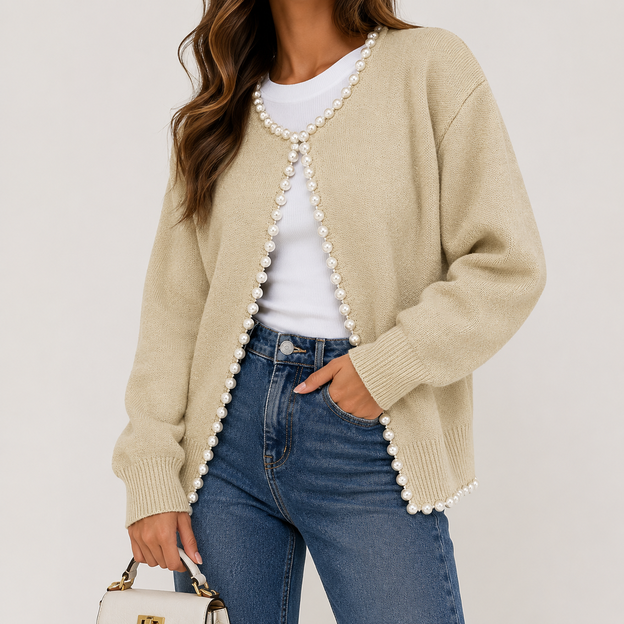 Cardigan con orlo strappato e rifiniture in perle
