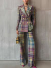 Elowen | Women's Checkered Double-Breasted Blazer &amp; Wide-Leg Trousers Set