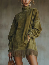 Chelsea | Women's Oversized Turtleneck Knit Dress with Fringed Hem