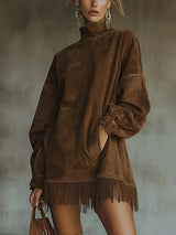 Chelsea | Women's Oversized Turtleneck Knit Dress with Fringed Hem