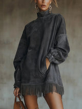 Chelsea | Women's Oversized Turtleneck Knit Dress with Fringed Hem