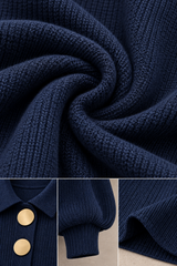 Amelia | Navy Blue Midi Knit Dress with Gold-Tone Buttons