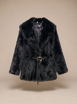 Leonie | Black Faux Fur Coat with Decorative Belt