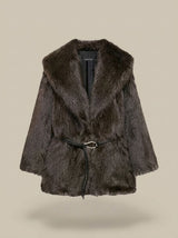 Leonie | Black Faux Fur Coat with Decorative Belt
