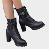 Katrina | Lace-Up Ankle Boots with Block Heel and Buckle