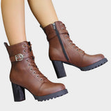 Katrina | Lace-Up Ankle Boots with Block Heel and Buckle