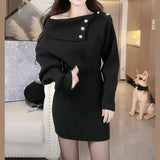 Olivia | Off-Shoulder Ribbed Knit Mini Dress with Golden Buttons