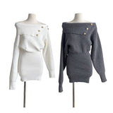 Olivia | Off-Shoulder Ribbed Knit Mini Dress with Golden Buttons