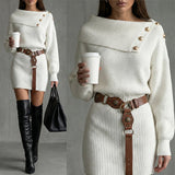Olivia | Off-Shoulder Ribbed Knit Mini Dress with Golden Buttons