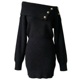 Olivia | Off-Shoulder Ribbed Knit Mini Dress with Golden Buttons