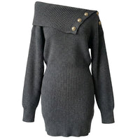 Olivia | Off-Shoulder Ribbed Knit Mini Dress with Golden Buttons