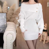 Olivia | Off-Shoulder Ribbed Knit Mini Dress with Golden Buttons