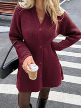 Sophie | Grey Ribbed Knit Button-Front Jumper Dress