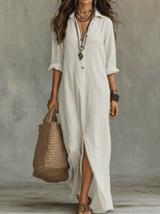 White A-Line Button Midi Dress