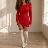 Amelia | Cream Cable-Knit Fitted Mini Sweater Dress