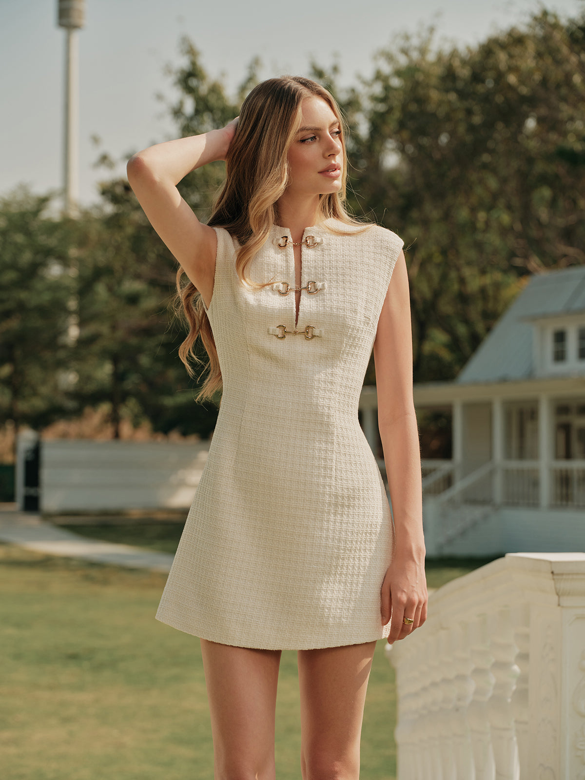 Metal Button Tweed Sleeveless Dress - Maison Sydney