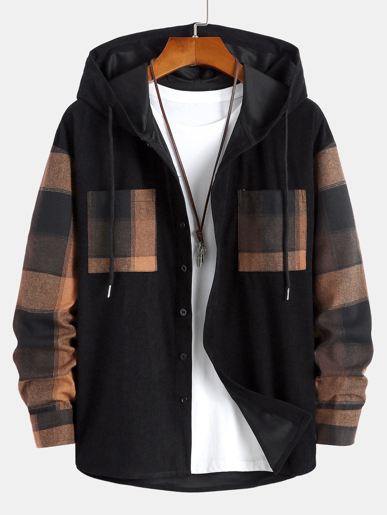 Relax Fit Plaid Corduroy Panel Hooded Shirt - Maison Sydney