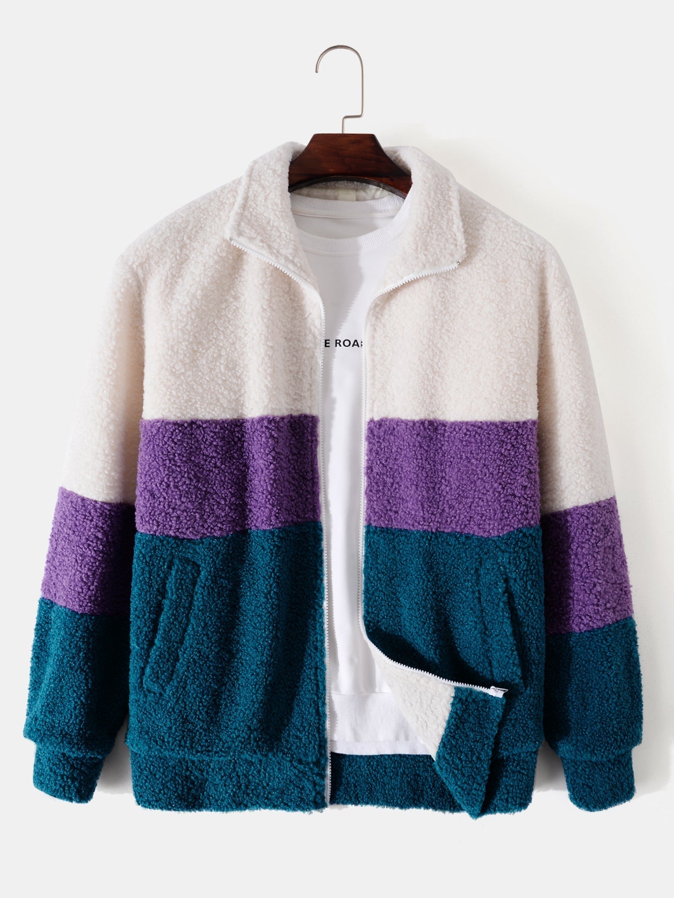 Color Block Teddy Fleece Zip Up Coat - Maison Sydney