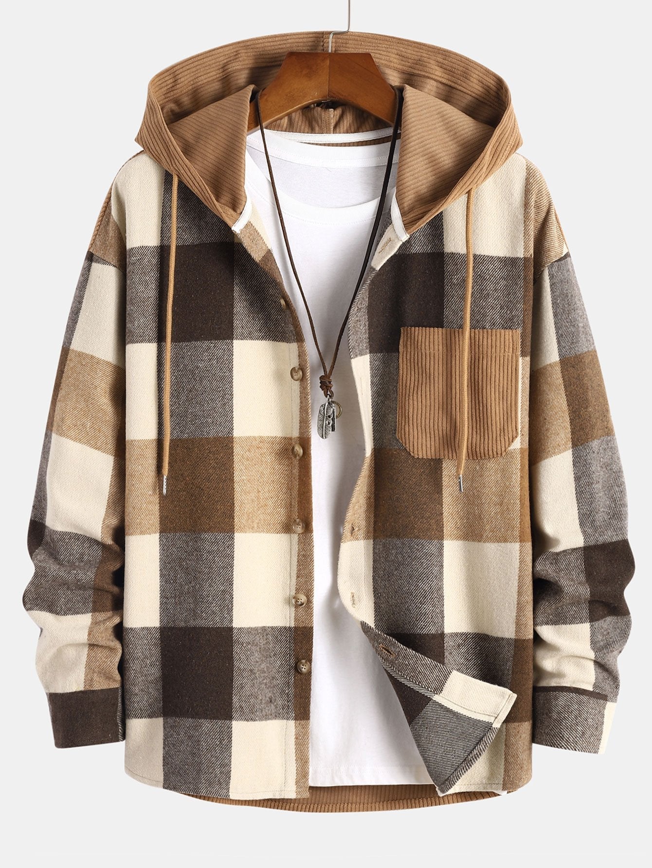 Relax Fit Flannel Plaid Corduroy Patchwork Hooded Shirt - Maison Sydney