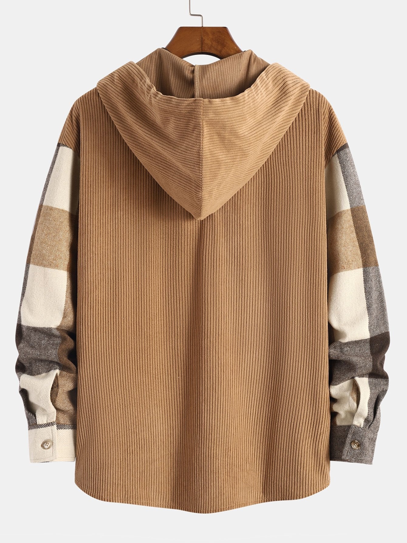 Relax Fit Flannel Plaid Corduroy Patchwork Hooded Shirt - Maison Sydney