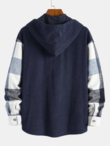 Relax Fit Flannel Plaid Corduroy Patchwork Hooded Shirt - Maison Sydney